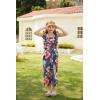 imageGRACE KARIN Girls Floral Jumpsuit Flutter Sleeve Square Neck Wide Leg RompersNavy