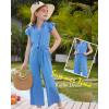 imageGRACE KARIN Girls Jumpsuit Fashion Ruffle Sleeve Drastring Waist Button Front Romper Kids Summer Outfit Size 614Light Blue