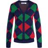 imageWomens Argyle Preppy Cardigan Sweater Casual V neck Button Down Knit Cardigan Color Block Shrugs S2XLRed Green Blue