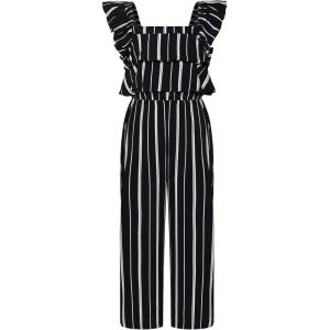 imageGRACE KARIN Girls Floral Jumpsuit Flutter Sleeve Square Neck Wide Leg RompersBlack and White