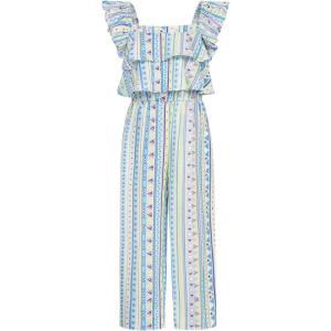 imageGRACE KARIN Girls Floral Jumpsuit Flutter Sleeve Square Neck Wide Leg RompersBlue