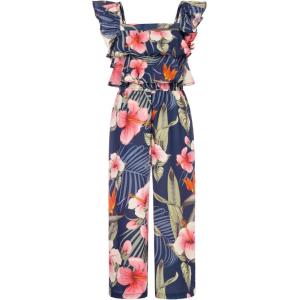 imageGRACE KARIN Girls Floral Jumpsuit Flutter Sleeve Square Neck Wide Leg RompersNavy