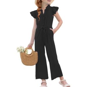 imageGRACE KARIN Girls Jumpsuit Fashion Ruffle Sleeve Drastring Waist Button Front Romper Kids Summer Outfit Size 614Black
