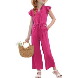 imageGRACE KARIN Girls Jumpsuit Fashion Ruffle Sleeve Drastring Waist Button Front Romper Kids Summer Outfit Size 614Hot Pink