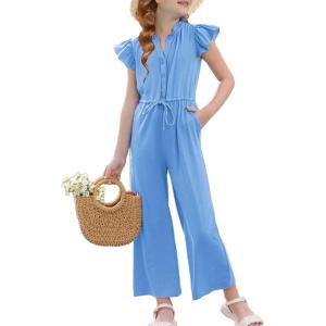 imageGRACE KARIN Girls Jumpsuit Fashion Ruffle Sleeve Drastring Waist Button Front Romper Kids Summer Outfit Size 614Light Blue