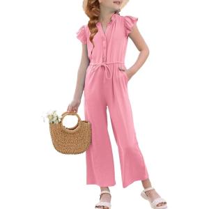 imageGRACE KARIN Girls Jumpsuit Fashion Ruffle Sleeve Drastring Waist Button Front Romper Kids Summer Outfit Size 614Pink