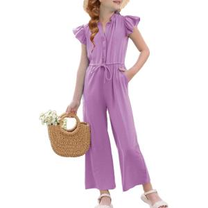 imageGRACE KARIN Girls Jumpsuit Fashion Ruffle Sleeve Drastring Waist Button Front Romper Kids Summer Outfit Size 614Purple