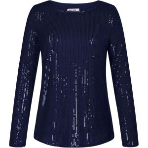 imageGRACE KARIN Glitter Tops for Women Sequin Top Sparkly Evening Party Split Mesh Back Sexy Casual Blouse Navy Blue 2XL