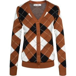 imageWomens Argyle Preppy Cardigan Sweater Casual V neck Button Down Knit Cardigan Color Block Shrugs S2XLBrown