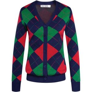 imageWomens Argyle Preppy Cardigan Sweater Casual V neck Button Down Knit Cardigan Color Block Shrugs S2XLRed Green Blue