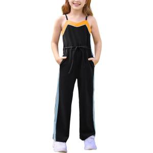 imageGRACE KARIN Girls Jumpsuit Drawstring Waist Contrast Color Romper Spaghetti Strap Long Coveralls Pants 512YBlack