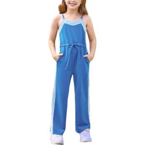 imageGRACE KARIN Girls Jumpsuit Drawstring Waist Contrast Color Romper Spaghetti Strap Long Coveralls Pants 512YBlue