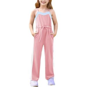 imageGRACE KARIN Girls Jumpsuit Drawstring Waist Contrast Color Romper Spaghetti Strap Long Coveralls Pants 512YPink