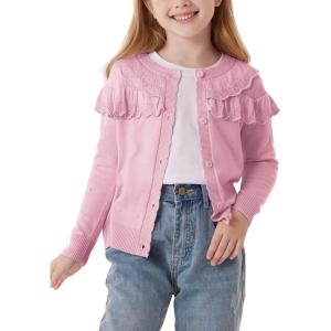 imageGRACE KARIN Girls Knit Cardigan Sweater Long Sleeve Ruffle Layered Lightweight Open Front Shrug Kids Casual Overwear 612Light Pink