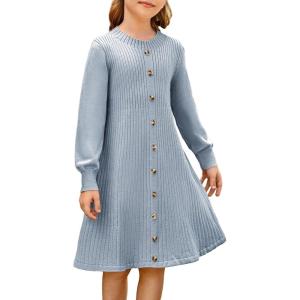 imageGRACE KARIN Girls Ribbed Knitted Sweater Dress Long Sleeve Casual Fall Winter Dress with Belt Size 514 YearsDusty Blue