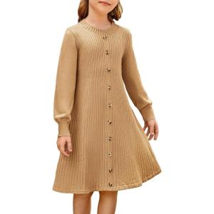 imageGRACE KARIN Girls Ribbed Knitted Sweater Dress Long Sleeve Casual Fall Winter Dress with Belt Size 514 YearsKhaki