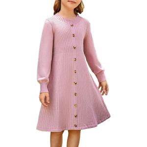 imageGRACE KARIN Girls Ribbed Knitted Sweater Dress Long Sleeve Casual Fall Winter Dress with Belt Size 514 YearsLight Pink