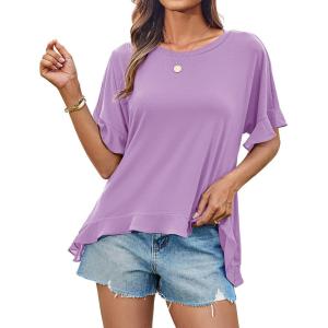 imageGRACE KARIN Womens Ruffle Tops Summer Casual Crew Neck Short Sleeve Blouses Loose Fit T Shirts Tunic Tops for LeggingsPurple