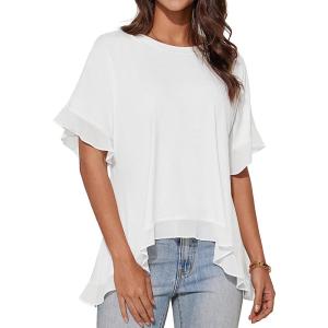 imageGRACE KARIN Womens Ruffle Tops Summer Casual Crew Neck Short Sleeve Blouses Loose Fit T Shirts Tunic Tops for LeggingsWhite