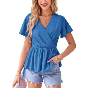 imageGRACE KARIN 2024 Womens Summer Tops Wrap V Neck Eyelet Top Ruffle Sleeve Peplum Casual T ShirtsBlue Bright