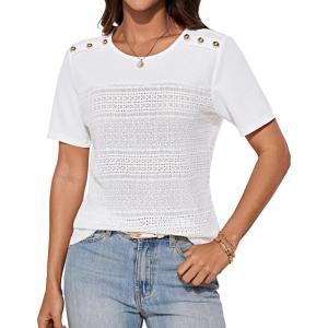imageGRACE KARIN 2025 Womens Tops Business Casual Dressy Summer Tops Short Sleeve Hollow Out Button Work BlousesWhite