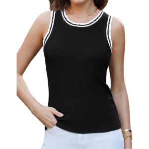 imageGRACE KARIN Women 2025 Summer Sleeveless Sweater Crochet Knit Tank Tops Sweater Lightweight Waffle Contrast Sweater VestBlack