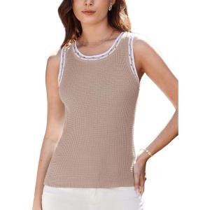 imageGRACE KARIN Women 2025 Summer Sleeveless Sweater Crochet Knit Tank Tops Sweater Lightweight Waffle Contrast Sweater VestKhaki