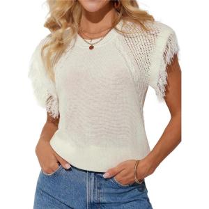 imageGRACE KARIN Womens Sleeveless Sweater Vest Fringe Cap Sleeve Sweater Casual Crew Neck Loose Fit Pullover Tank Tops S2XLWhite