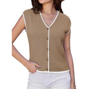 imageGRACE KARIN Womens Sweater Vest 2025 Summer Casual V Neck Cap Sleeve Button Down Sleeveless Knit TopKhaki