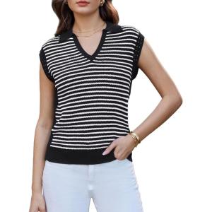 imageGRACE KARIN Womens Sweater Vest Top Striped V Neck Polo Summer Tank TopBlack