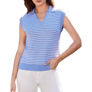 imageGRACE KARIN Womens Sweater Vest Top Striped V Neck Polo Summer Tank TopBlue