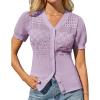 imageGRACE KARIN Women 2025 Short Sleeve Cardigan Sweater Lightweight Crochet Shrug Puff Sleeve Button HollowedOut Knit TopsPink Purple