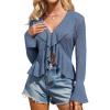 imageGRACE KARIN Women Hollow Out Cardigan Sweater Lapel Tie Front Crochet Knit Shrugs Long Bell Sleeves with Ruffled HemGray Blue