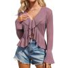 imageGRACE KARIN Women Hollow Out Cardigan Sweater Lapel Tie Front Crochet Knit Shrugs Long Bell Sleeves with Ruffled HemGrey Pink