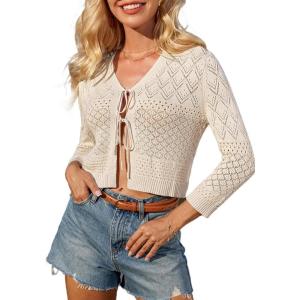 imageGRACE KARIN Cropped Cardigan for Women Tie Front 2025 Summer Lightweight 34 Sleeve Crochet Knit Bolero Shrug SweaterApricot
