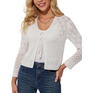 imageGRACE KARIN Cropped Cardigan for Women Tie Front 2025 Summer Lightweight 34 Sleeve Crochet Knit Bolero Shrug SweaterIvory White