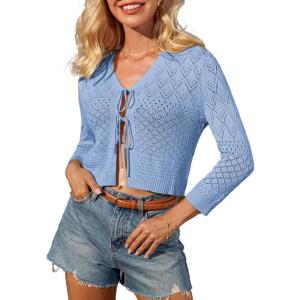 imageGRACE KARIN Cropped Cardigan for Women Tie Front 2025 Summer Lightweight 34 Sleeve Crochet Knit Bolero Shrug SweaterLight Blue