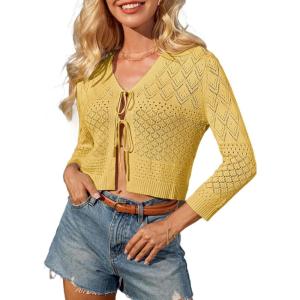 imageGRACE KARIN Cropped Cardigan for Women Tie Front 2025 Summer Lightweight 34 Sleeve Crochet Knit Bolero Shrug SweaterYellow