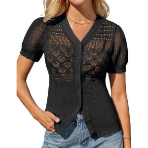 imageGRACE KARIN Women 2025 Short Sleeve Cardigan Sweater Lightweight Crochet Shrug Puff Sleeve Button HollowedOut Knit TopsBlack