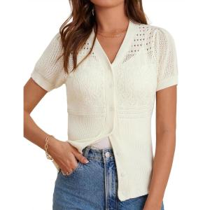 imageGRACE KARIN Women 2025 Short Sleeve Cardigan Sweater Lightweight Crochet Shrug Puff Sleeve Button HollowedOut Knit TopsCream White