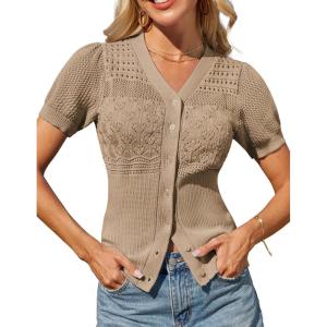 imageGRACE KARIN Women 2025 Short Sleeve Cardigan Sweater Lightweight Crochet Shrug Puff Sleeve Button HollowedOut Knit TopsKhaki