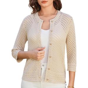 imageGRACE KARIN Women 34 Sleeve Crochet Cardigan 2025 Summer Cardigan Sweater Hollow Out Lightweight Gold Button CardiganBeige