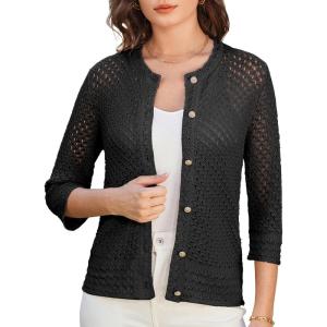 imageGRACE KARIN Women 34 Sleeve Crochet Cardigan 2025 Summer Cardigan Sweater Hollow Out Lightweight Gold Button CardiganBlack
