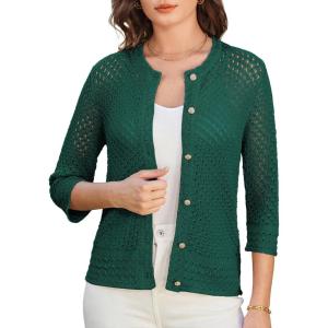 imageGRACE KARIN Women 34 Sleeve Crochet Cardigan 2025 Summer Cardigan Sweater Hollow Out Lightweight Gold Button CardiganGreen
