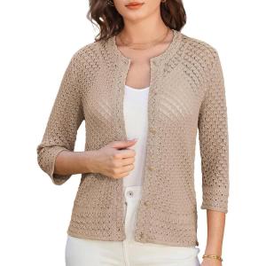 imageGRACE KARIN Women 34 Sleeve Crochet Cardigan 2025 Summer Cardigan Sweater Hollow Out Lightweight Gold Button CardiganKhaki