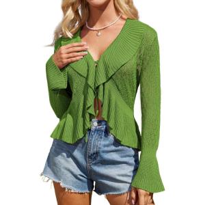 imageGRACE KARIN Women Hollow Out Cardigan Sweater Lapel Tie Front Crochet Knit Shrugs Long Bell Sleeves with Ruffled HemGreen