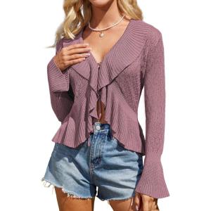 imageGRACE KARIN Women Hollow Out Cardigan Sweater Lapel Tie Front Crochet Knit Shrugs Long Bell Sleeves with Ruffled HemGrey Pink