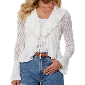 imageGRACE KARIN Women Hollow Out Cardigan Sweater Lapel Tie Front Crochet Knit Shrugs Long Bell Sleeves with Ruffled HemIvory
