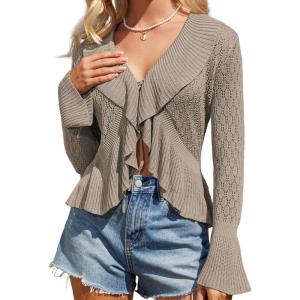 imageGRACE KARIN Women Hollow Out Cardigan Sweater Lapel Tie Front Crochet Knit Shrugs Long Bell Sleeves with Ruffled HemLight Khaki