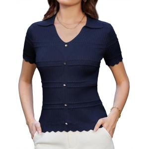 imageGRACE KARIN Women Short Sleeve Sweater V Neck Knit Polo Sweater Pullover 2025 Summer Ribbed Sweater Top ShirtsBlue